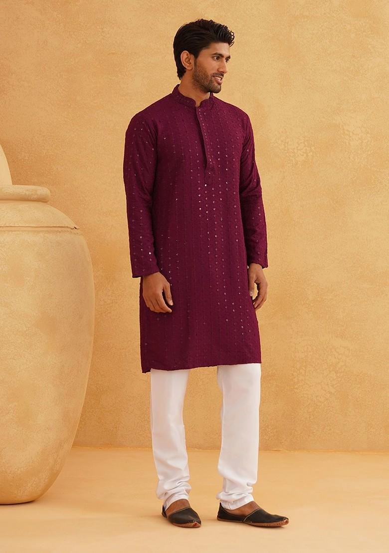 Purple Embellished Cotton Kurta For Men