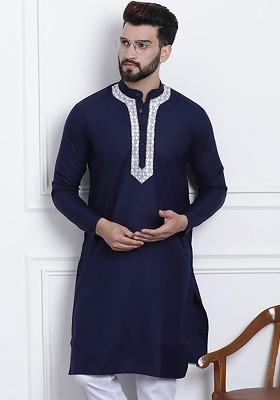 Navy Blue Solid Cotton Kurta For Men