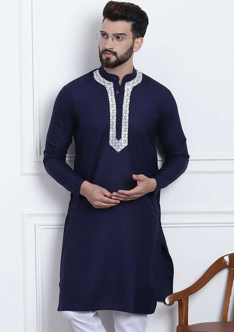 Navy Blue Solid Cotton Kurta For Men - Indya