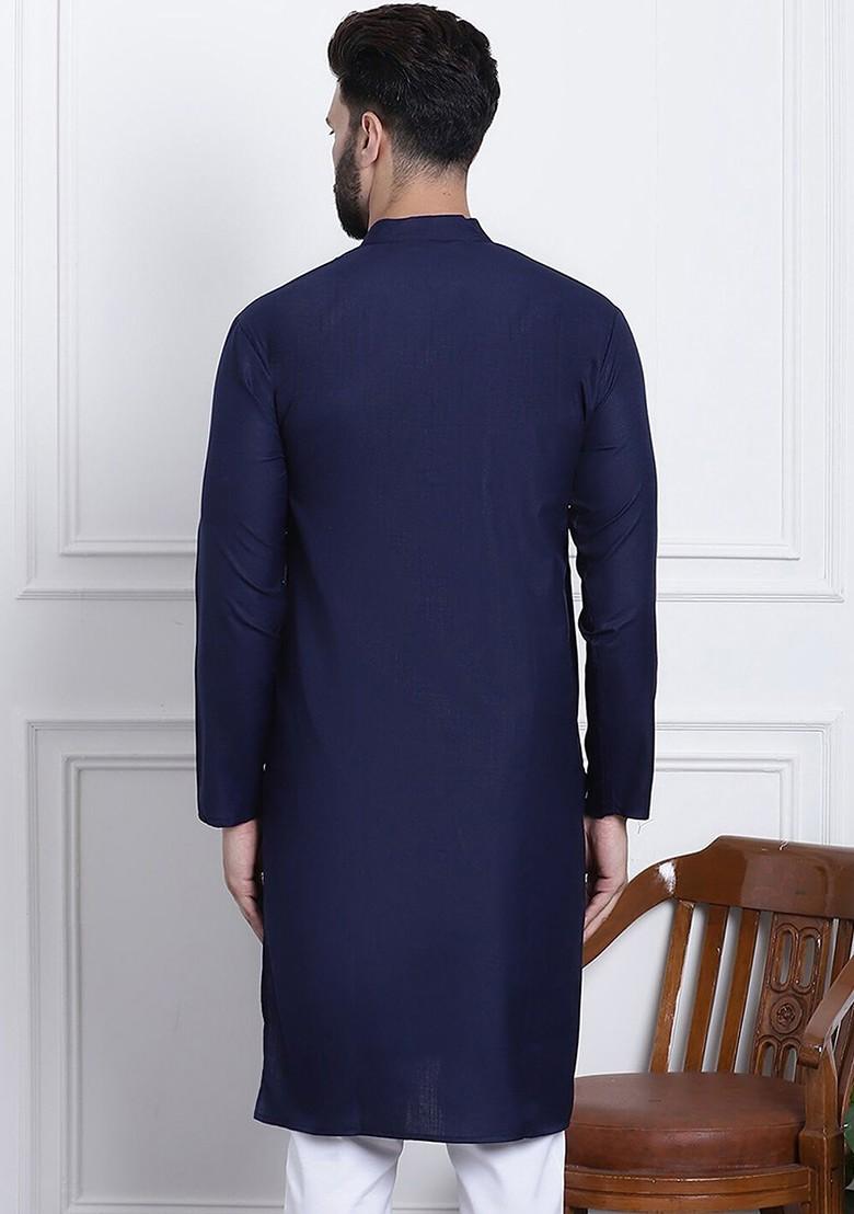 Navy Blue Solid Cotton Kurta For Men