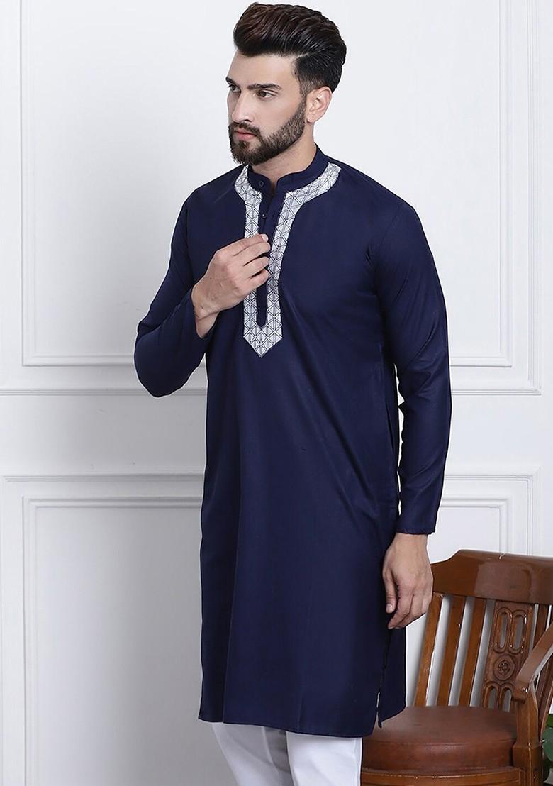 Navy Blue Solid Cotton Kurta For Men
