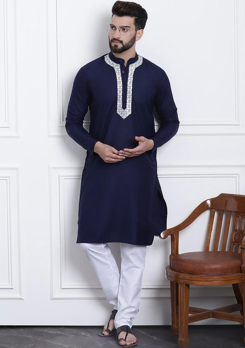 Navy Blue Solid Poly Blend Kurta For Men