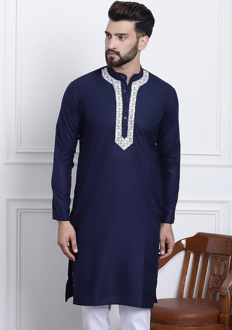 Navy Blue Solid Poly Blend Kurta For Men