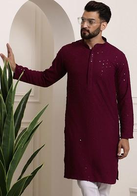 Purple Thread Work Poly Blend Kurta For Men