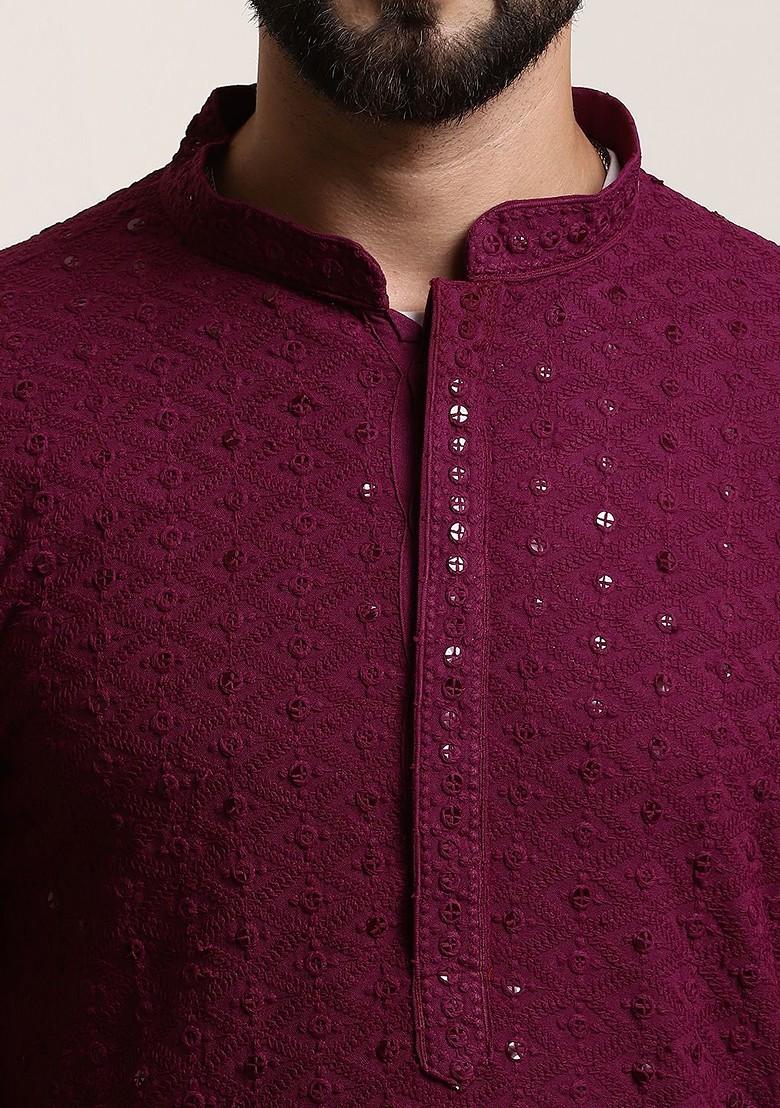 Purple Thread Work Poly Blend Kurta For Men