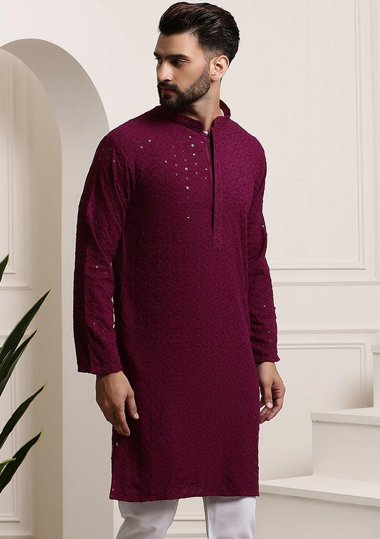 Purple Thread Work Poly Blend Kurta For Men