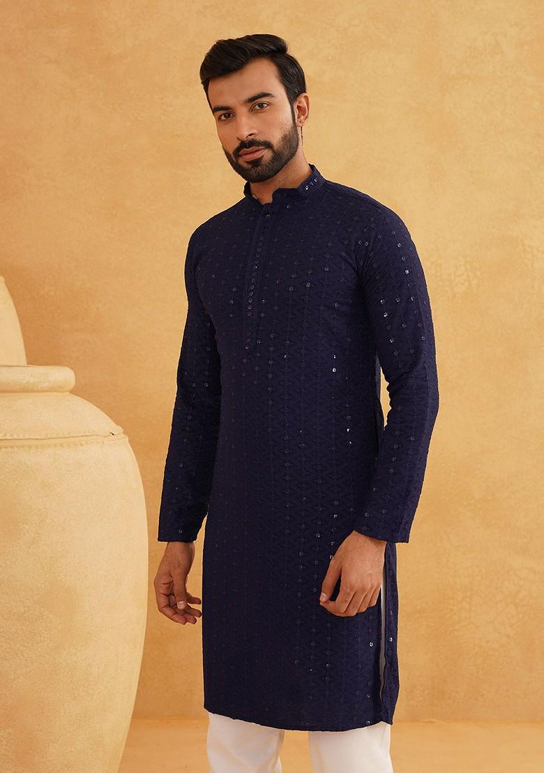 Navy Blue Sequin Work Cotton Kurta For Men
