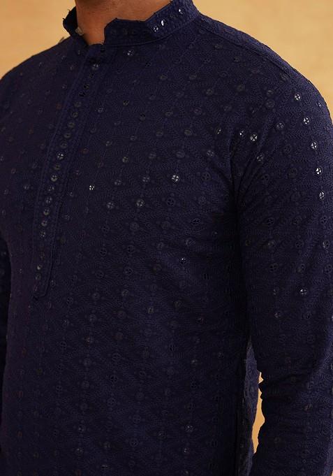 Navy Blue Sequin Work Cotton Kurta For Men