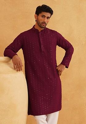 Purple Thread Work Cotton Kurta For Men