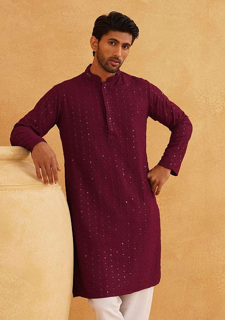 Purple Thread Work Cotton Kurta For Men - Indya