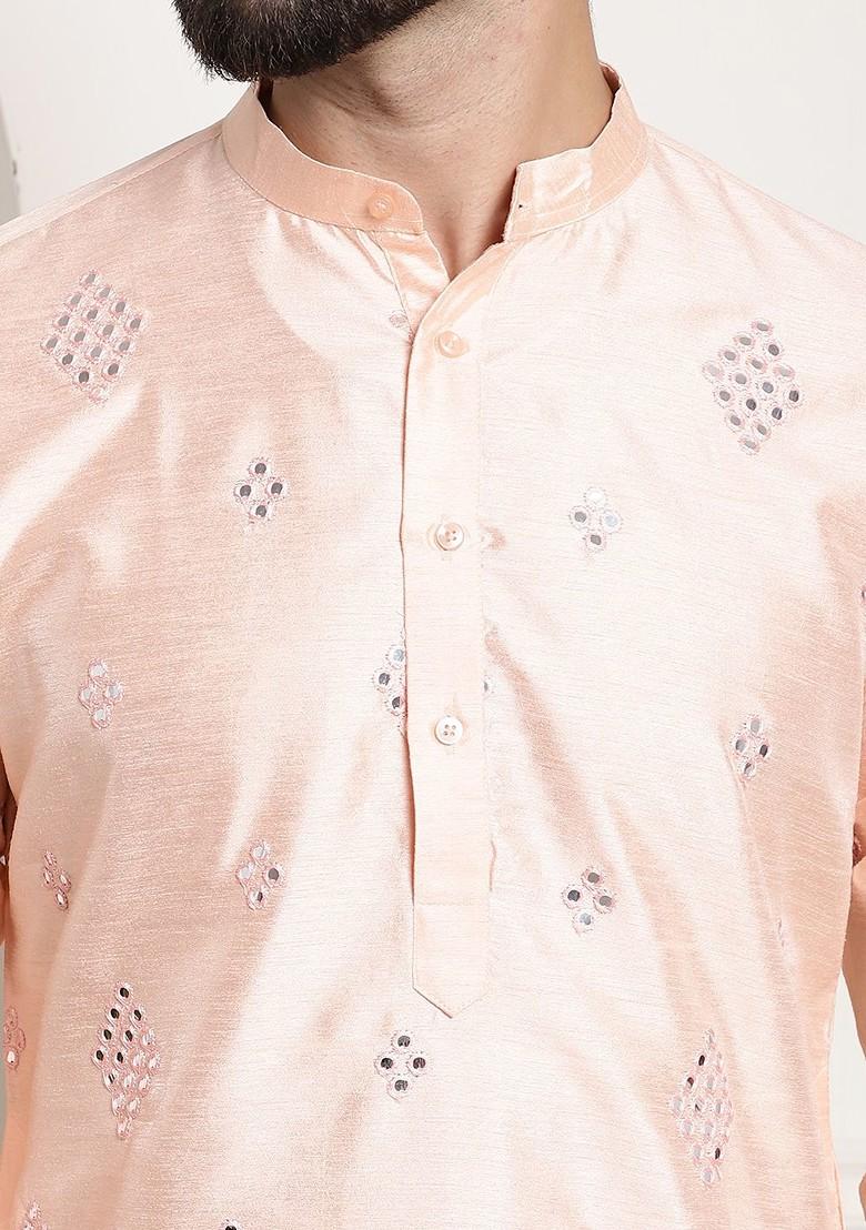 Peach Mirror Work Cotton Kurta For Men