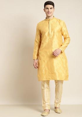 Yellow Thread Work Cotton Kurta For Men
