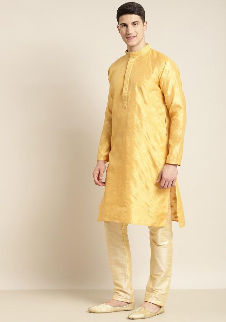 Yellow Thread Work Cotton Kurta For Men