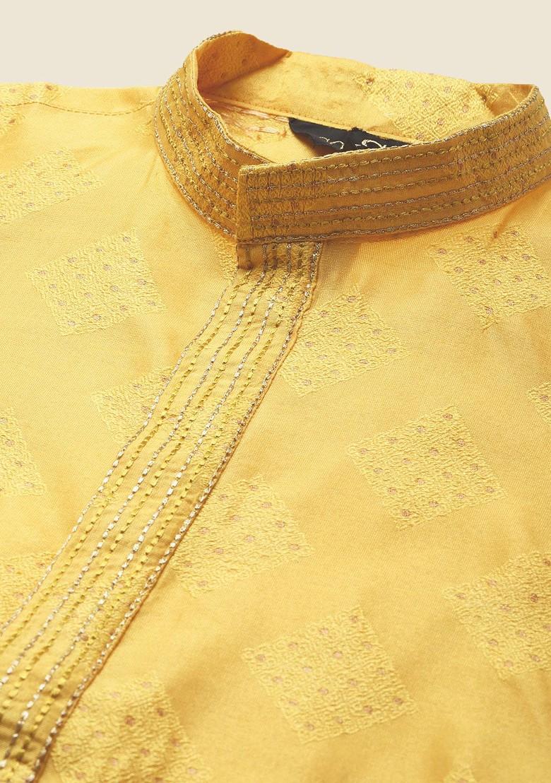 Yellow Thread Work Cotton Kurta For Men