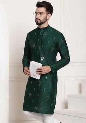 Green Embellished Poly Blend Kurta For Men