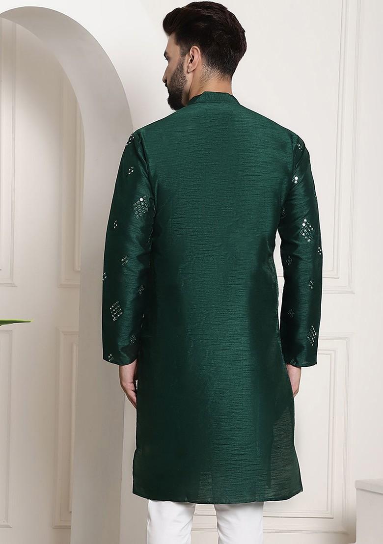 Green Embellished Poly Blend Kurta For Men