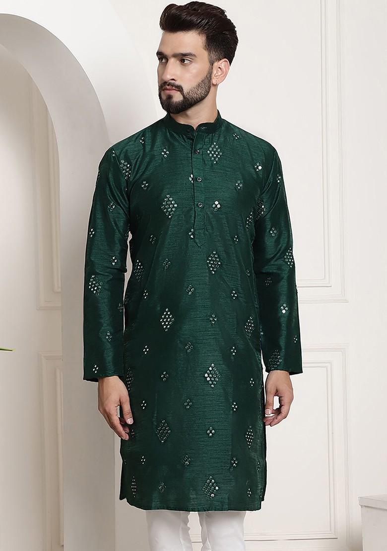 Green Embellished Poly Blend Kurta For Men
