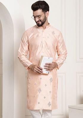 Peach Mirror Work Poly Blend Kurta For Men