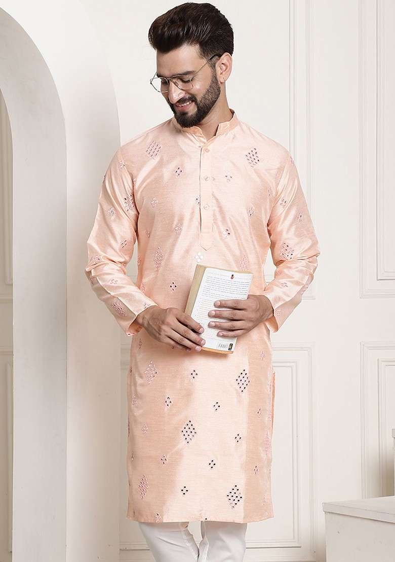 Peach Mirror Work Poly Blend Kurta For Men - Indya