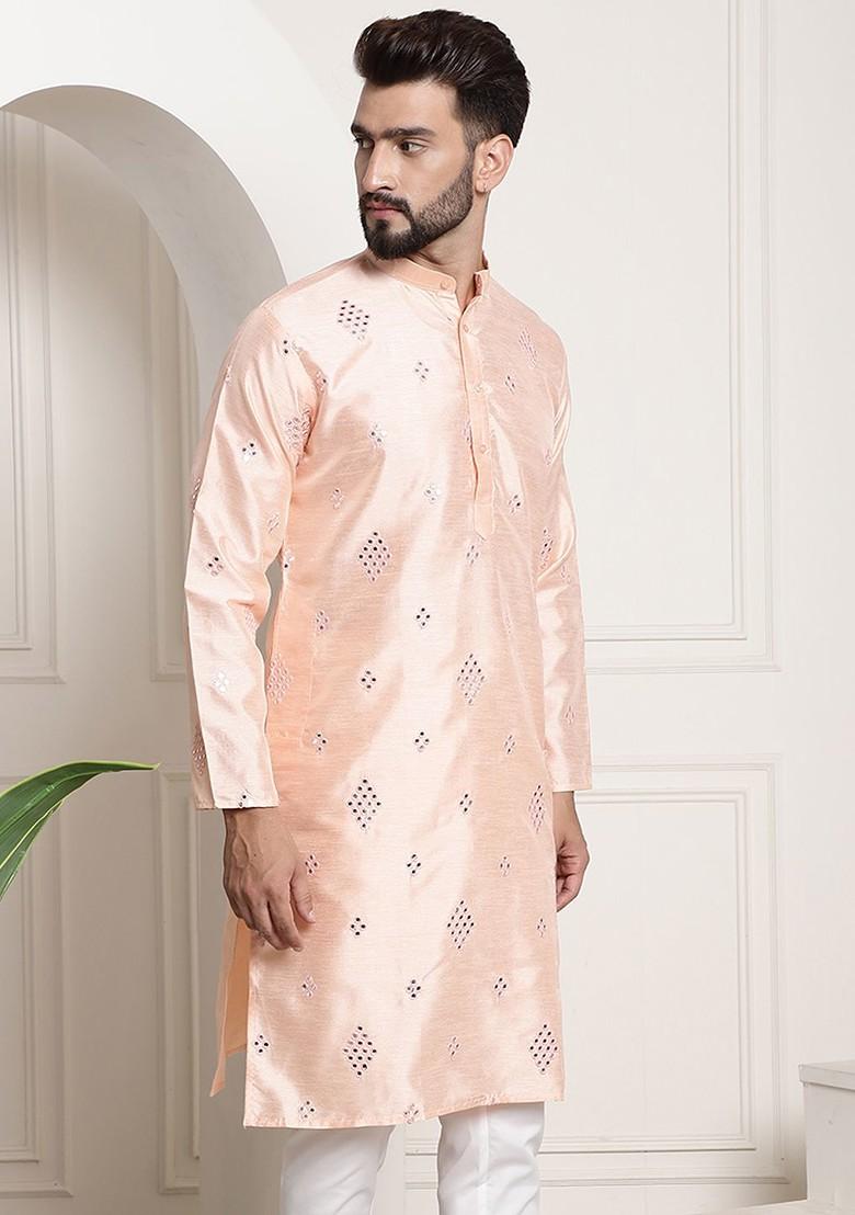 Peach Mirror Work Poly Blend Kurta For Men