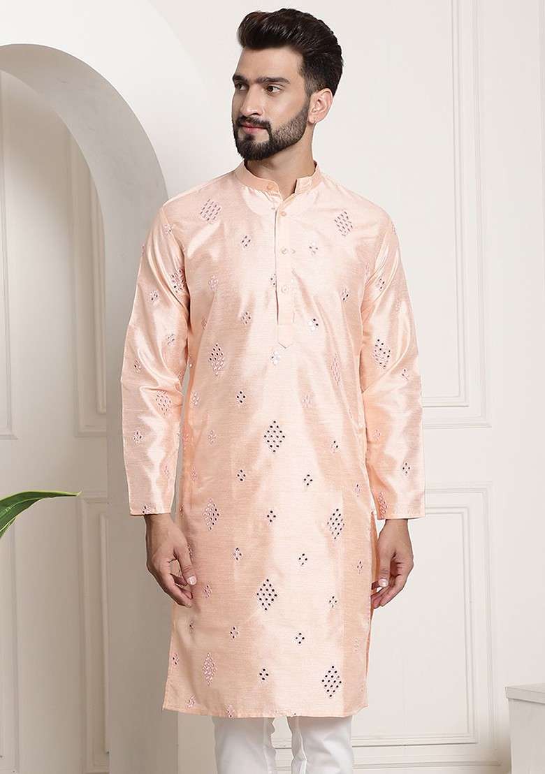 Peach Mirror Work Poly Blend Kurta For Men - Indya