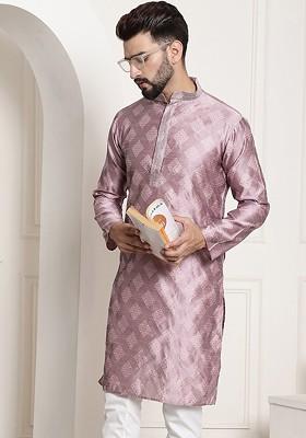 Purple Geometric Print Jacquard Kurta For Men