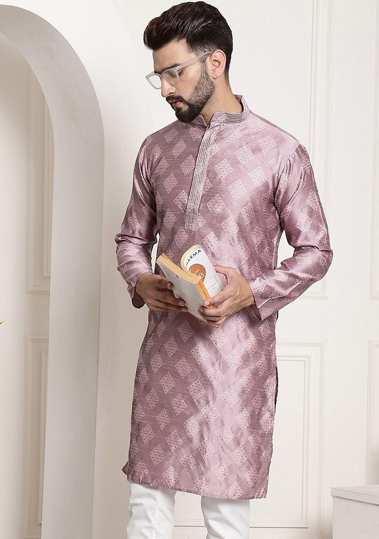 Purple Geometric Print Jacquard Kurta For Men