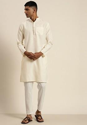 Off White Solid Cotton Kurta For Men