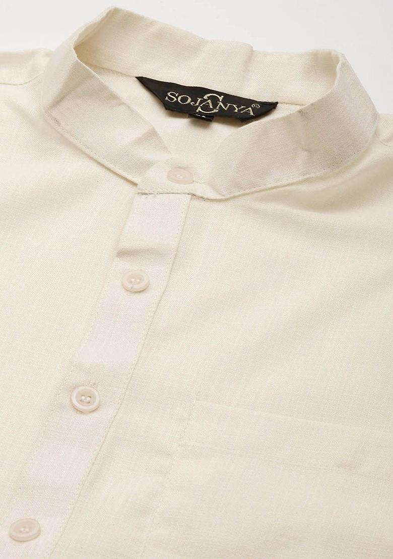Off White Solid Cotton Kurta For Men