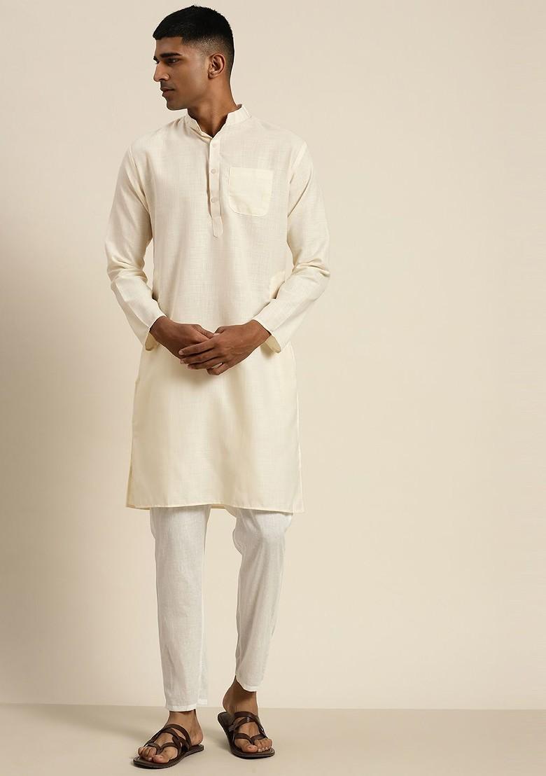 Off White Solid Cotton Kurta For Men