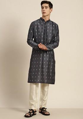 Grey Ethnic Motifs Cotton Kurta For Men