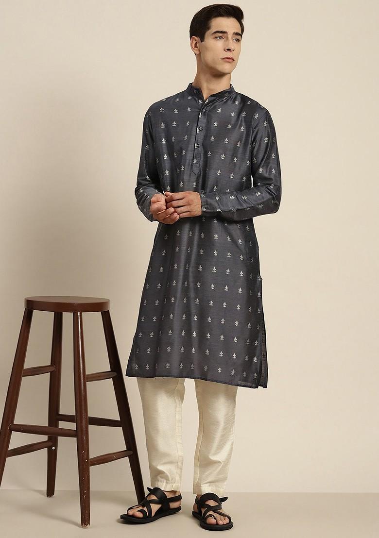 Grey Ethnic Motifs Cotton Kurta For Men