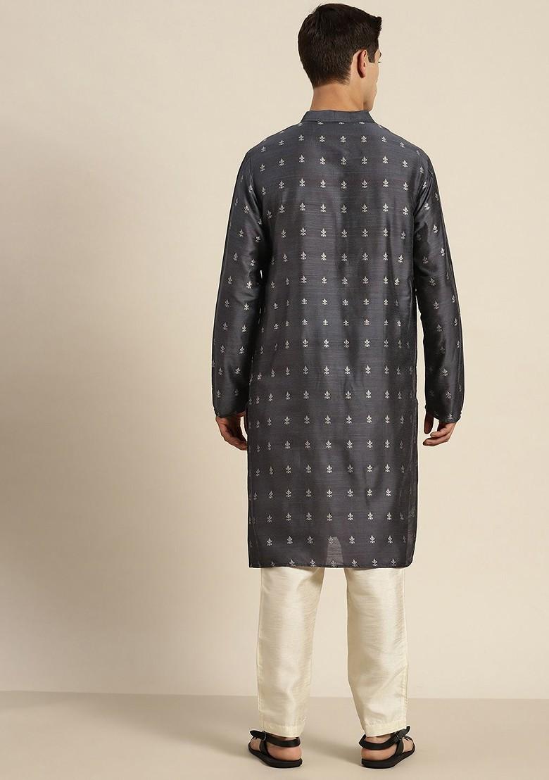 Grey Ethnic Motifs Cotton Kurta For Men