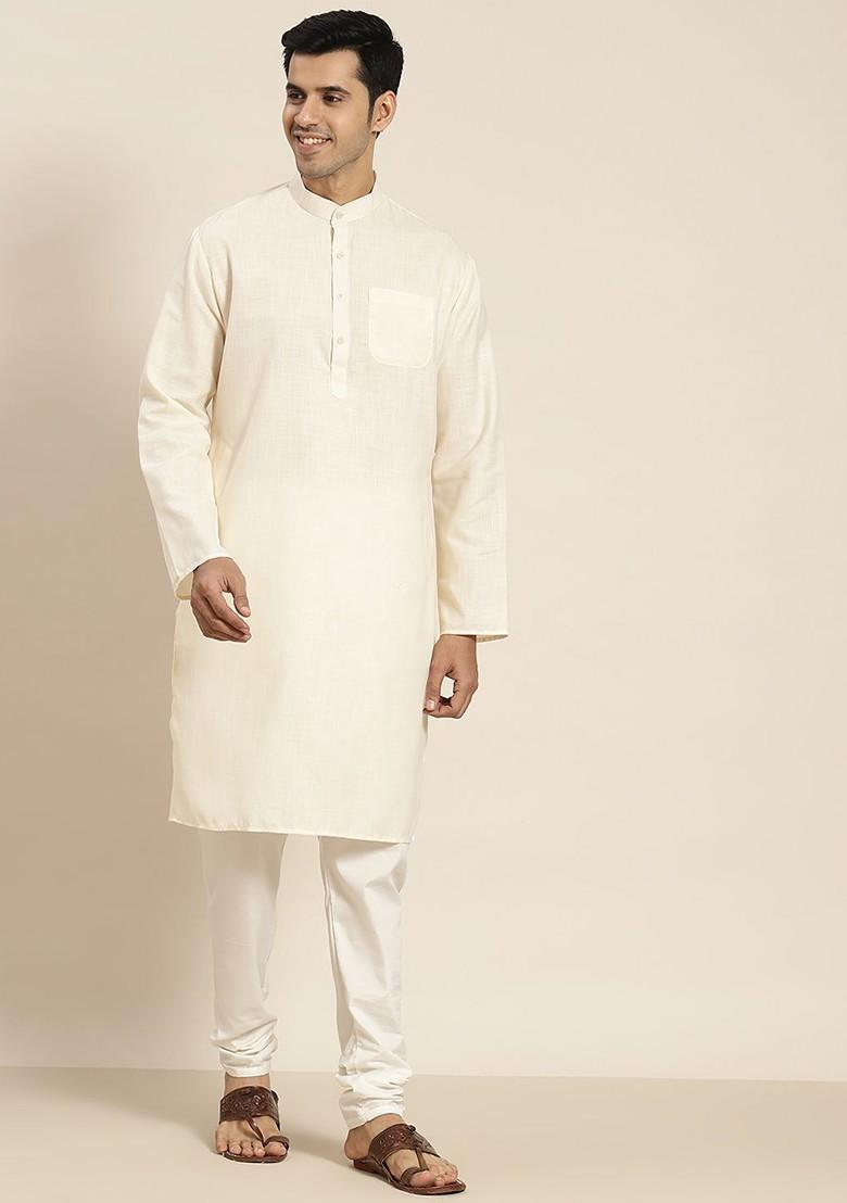 Cream Solid Poly Blend Kurta For Men