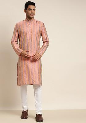 Peach Thread Work Poly Blend Kurta For Men