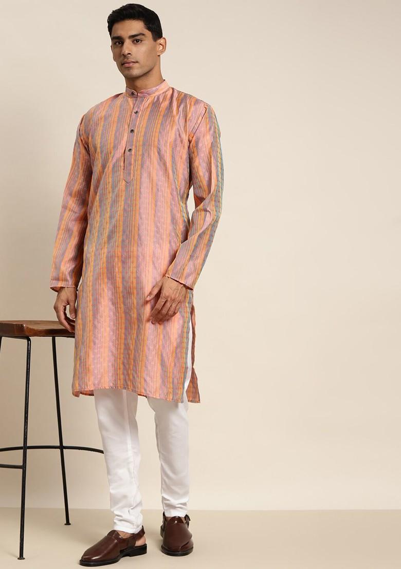 Peach Thread Work Poly Blend Kurta For Men