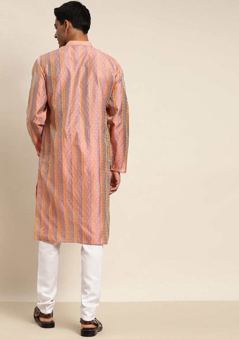 Peach Thread Work Poly Blend Kurta For Men