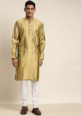 Mustard Thread Work Poly Blend Kurta For Men