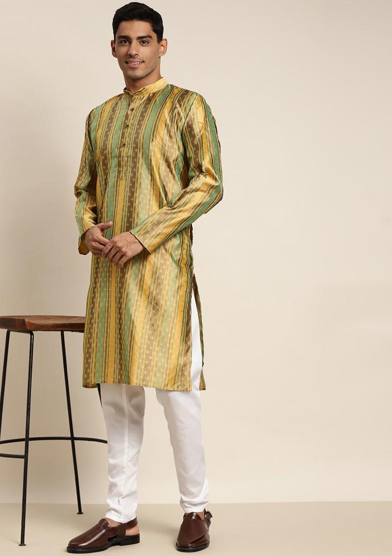 Mustard Thread Work Poly Blend Kurta For Men