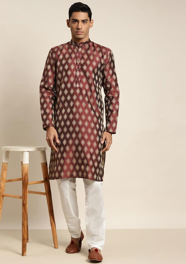Maroon Ethnic Motifs Jacquard Kurta For Men