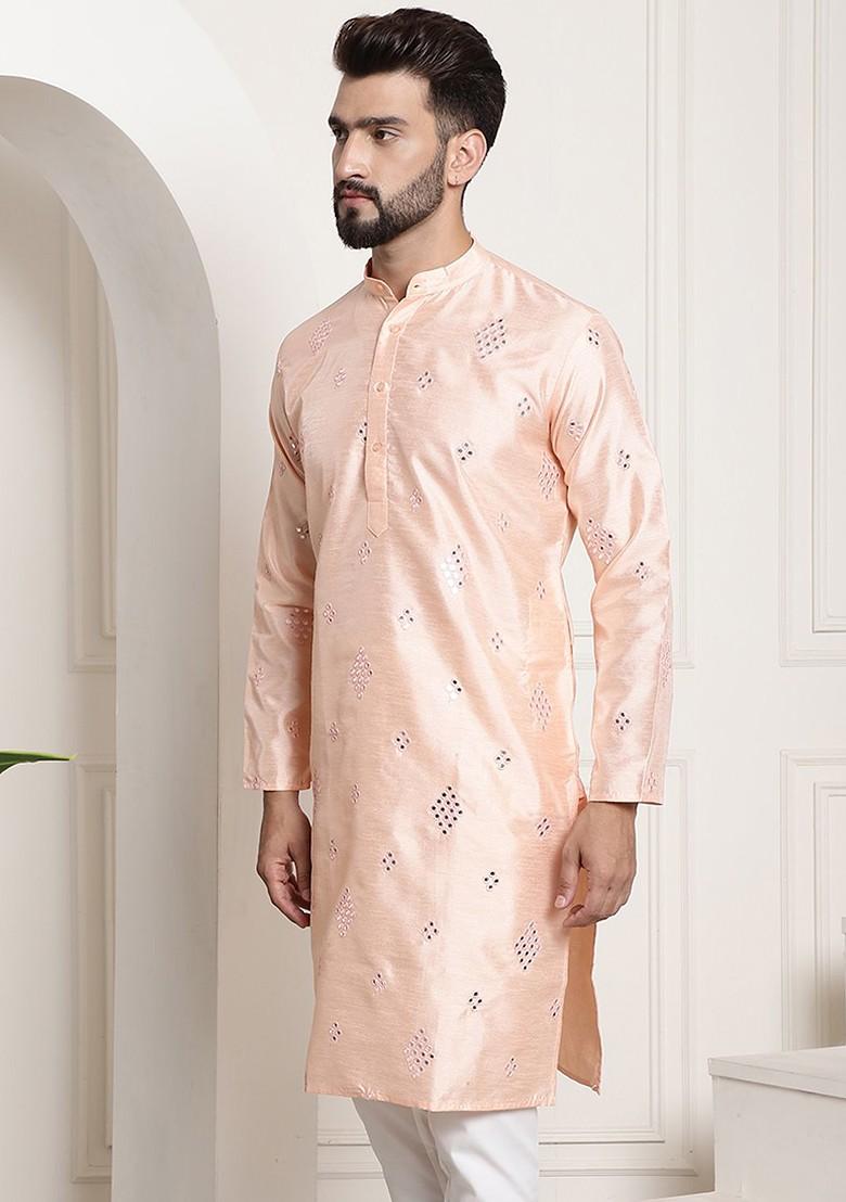 Peach Mirror Work Poly Blend Kurta For Men