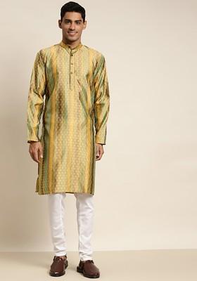 Gold Ethnic Motifs Poly Blend Kurta For Men