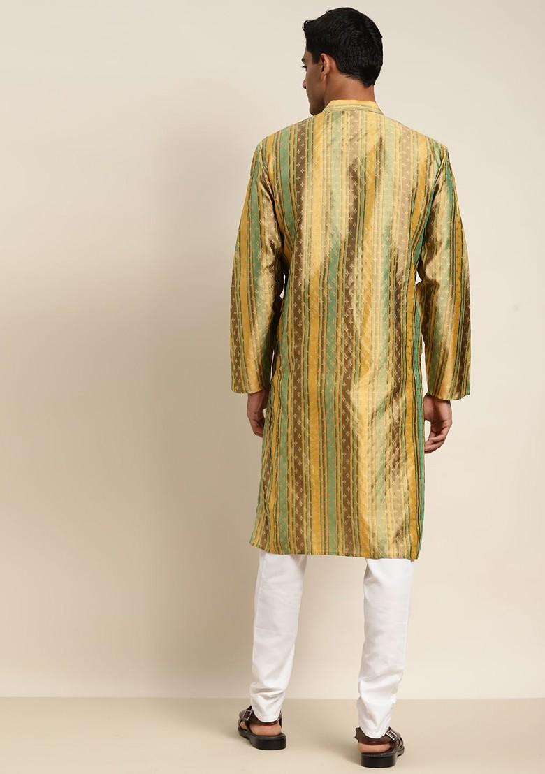 Gold Ethnic Motifs Poly Blend Kurta For Men