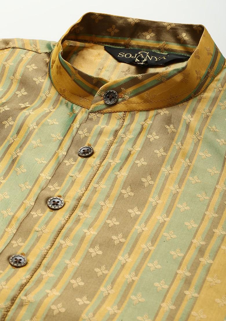 Gold Ethnic Motifs Poly Blend Kurta For Men