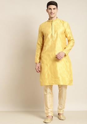 Yellow Ethnic Motifs Poly Blend Kurta For Men