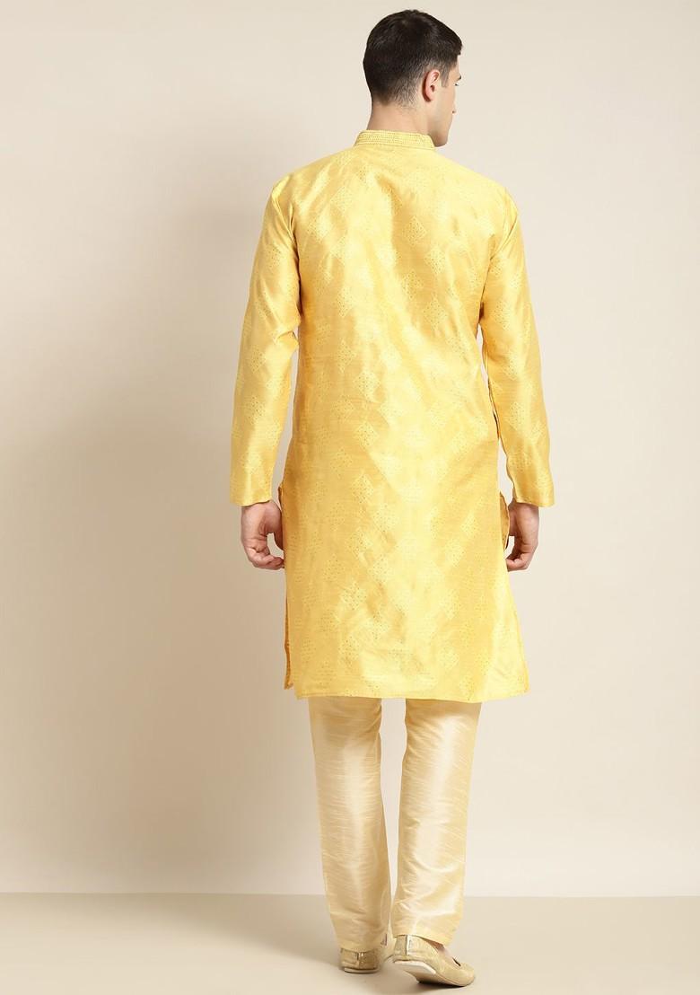 Yellow Ethnic Motifs Poly Blend Kurta For Men