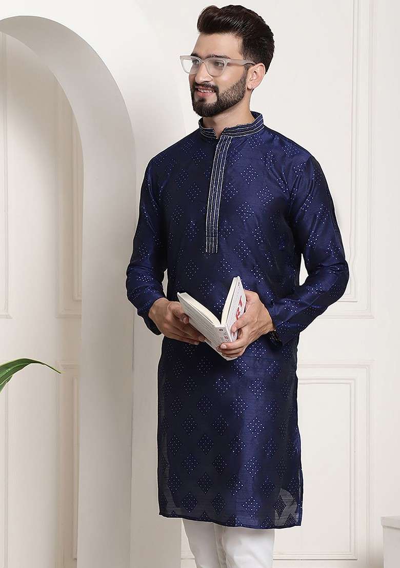Navy Blue Embroidered Silk Blend Kurta For Men - Indya