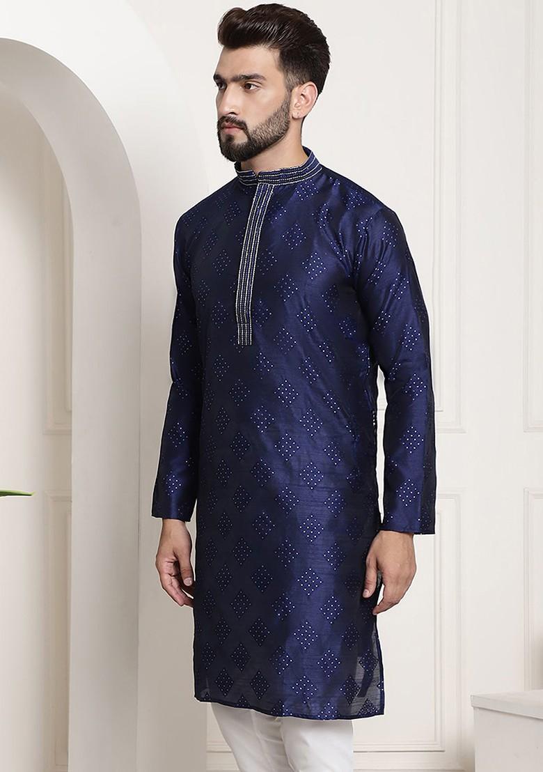 Navy Blue Embroidered Silk Kurta For Men