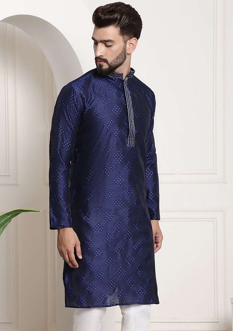 Navy Blue Embroidered Silk Blend Kurta For Men - Indya