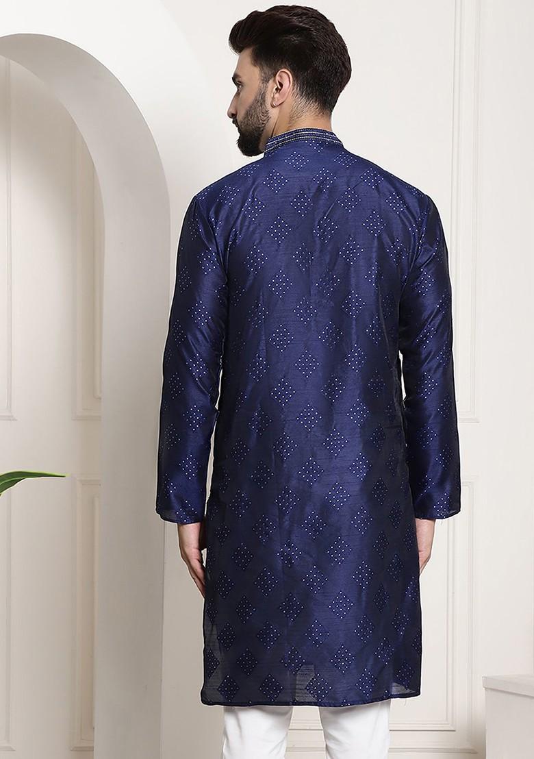 Navy Blue Embroidered Silk Kurta For Men